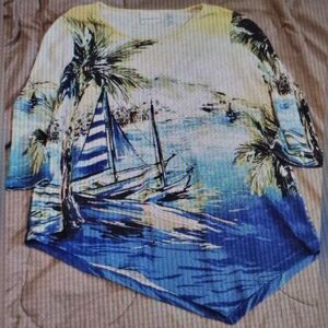Alfred Dunner XL Coastal Scenic Print Top Palm Trees Sailboats Resort